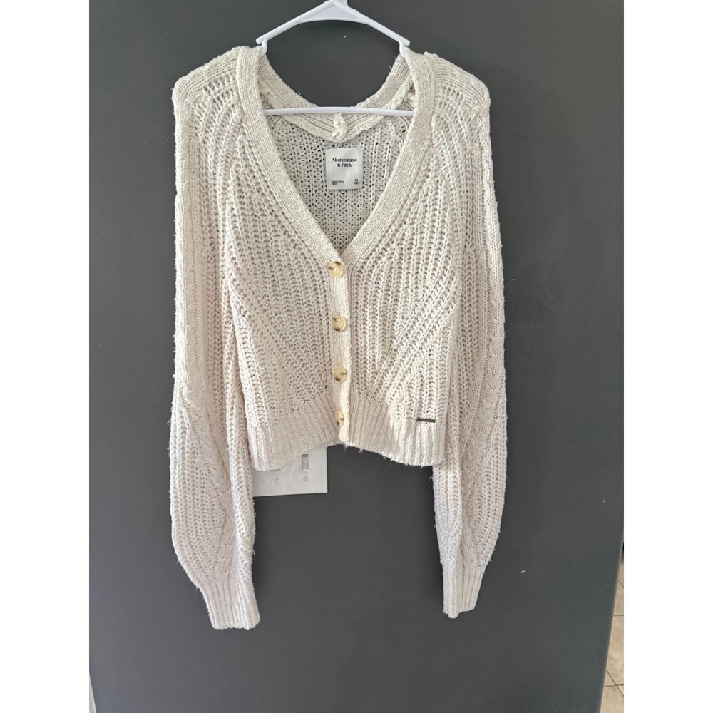 Abercrombie & Fitch Womens XS Cream Chunky Knit Cropped V-Neck Cardigan Sweater